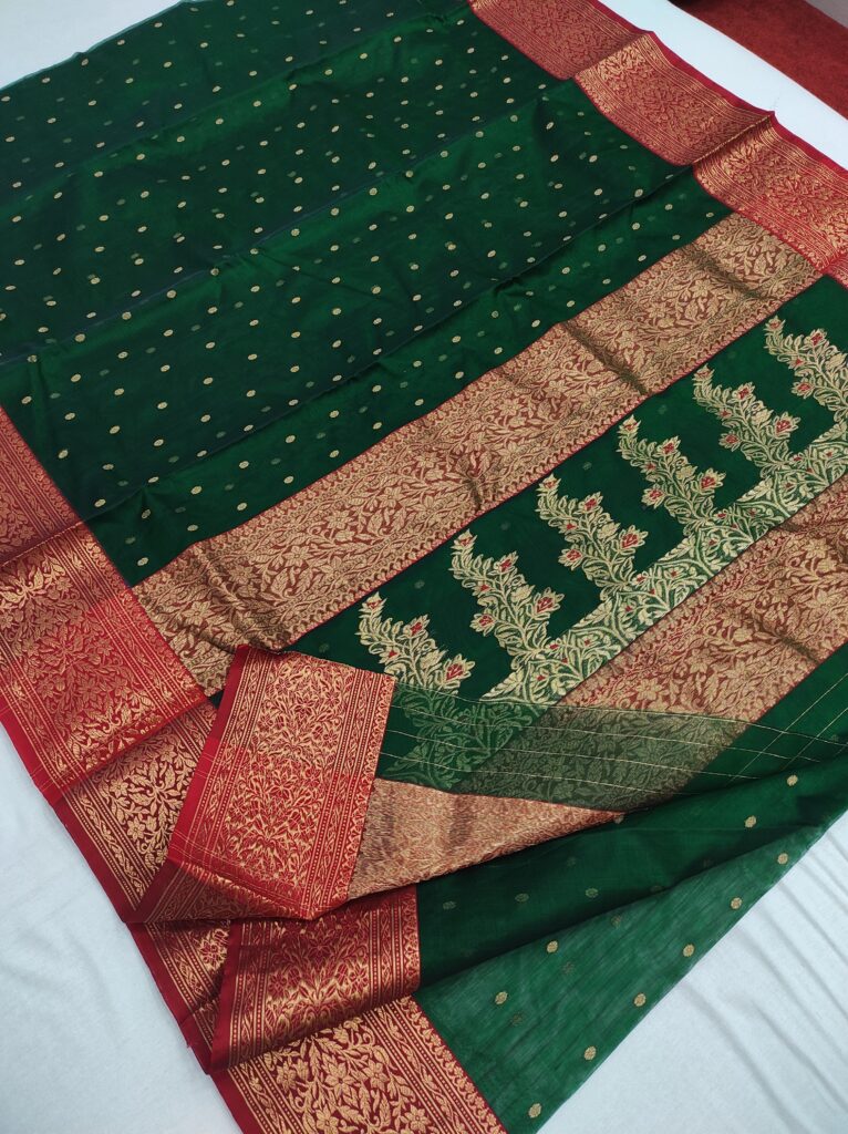 "Chanderi handloom saree with golden red zari border"